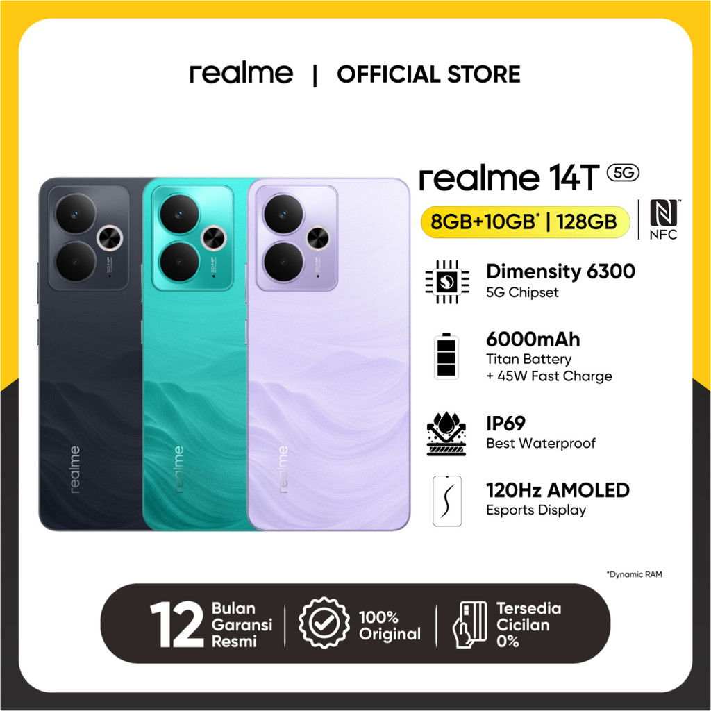 Jual realme 14T 5G 8GB+10GB|128GB (Dimensity 6300 5G Chipset | 6000mAh Titan Battery | 45W Fast Charge | IP69 Best Waterproof | NFC) | Shopee Indonesia