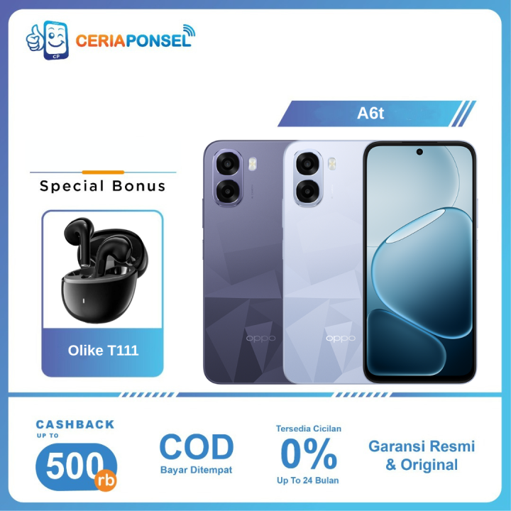OPPO A6t 4/64GB, 4/128GB, & 6/128GB Mediatek Dimensity 6300 50MP 6500mAh 45W | Garansi Resmi OPPO Indonesia 1 Tahun | Lazada Indonesia