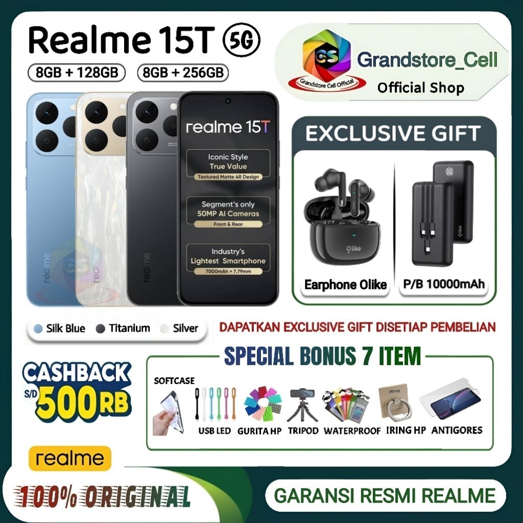 Jual REALME 15T 5G [8/128 GB] [8/256 GB] - 50MP Front Camera, 7000mAh, 120Hz AMOLED Display - GARANSI RESMI REALME INDONESIA | Shopee Indonesia