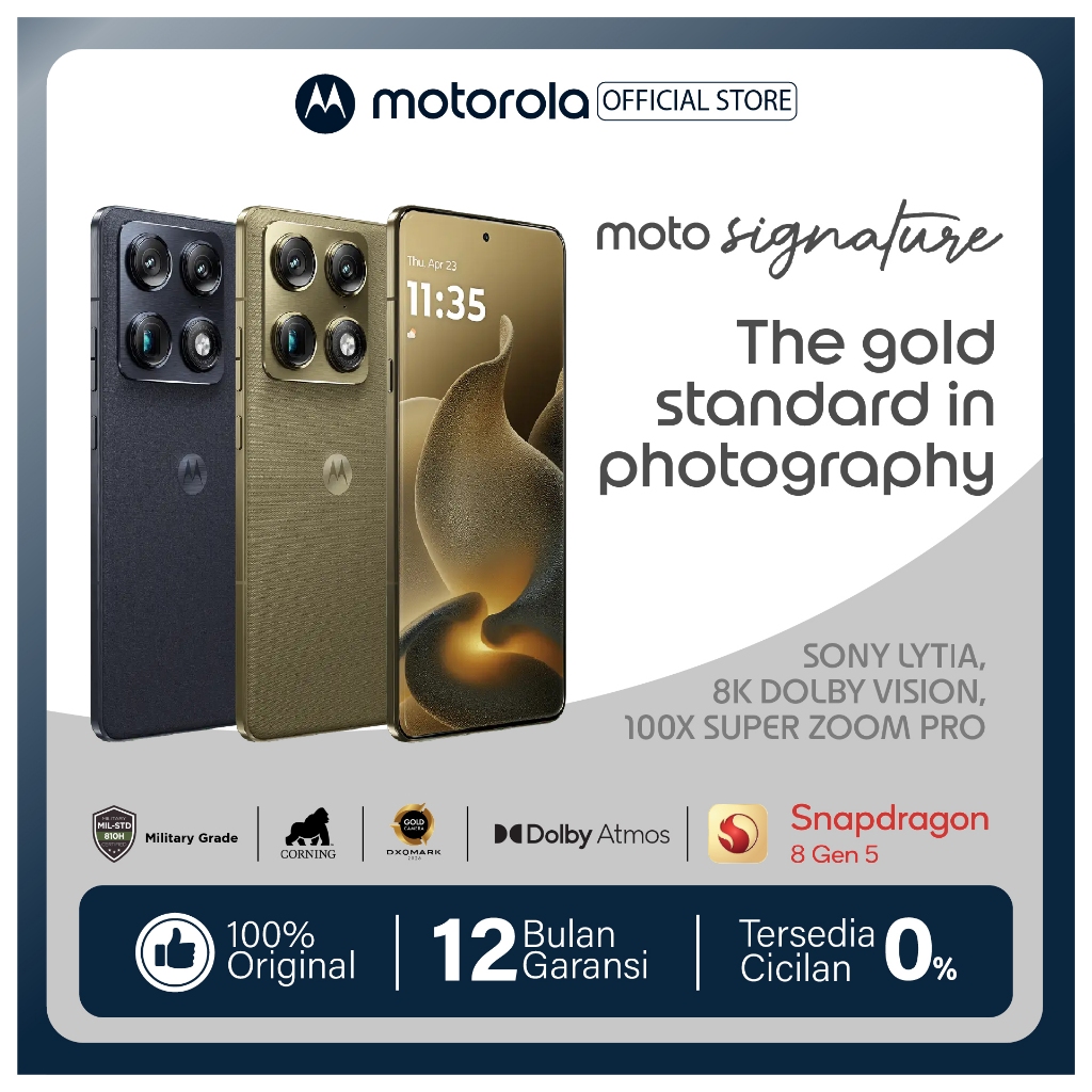 Jual Motorola Signature - Snapdragon8 Gen5 - MotoAI - 6.99mm - 6.8” AMOLED 165Hz - Sound by BOSE - Sony LYT828 OIS Rear (GOLD DxOMark) + LYT600 100xZoom + 50MP LYT500 Selfie - 5200mAh Si/C 90Wwired/ 50W WLC | Shopee Indonesia