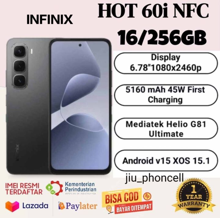 infinix Hot 60i NFC Ram 16+256 GB helio G81 (pengganti 50i) 45w fast charging 5160 mah garansi resmi 1 tahun (imei terdaftar) | Lazada Indonesia