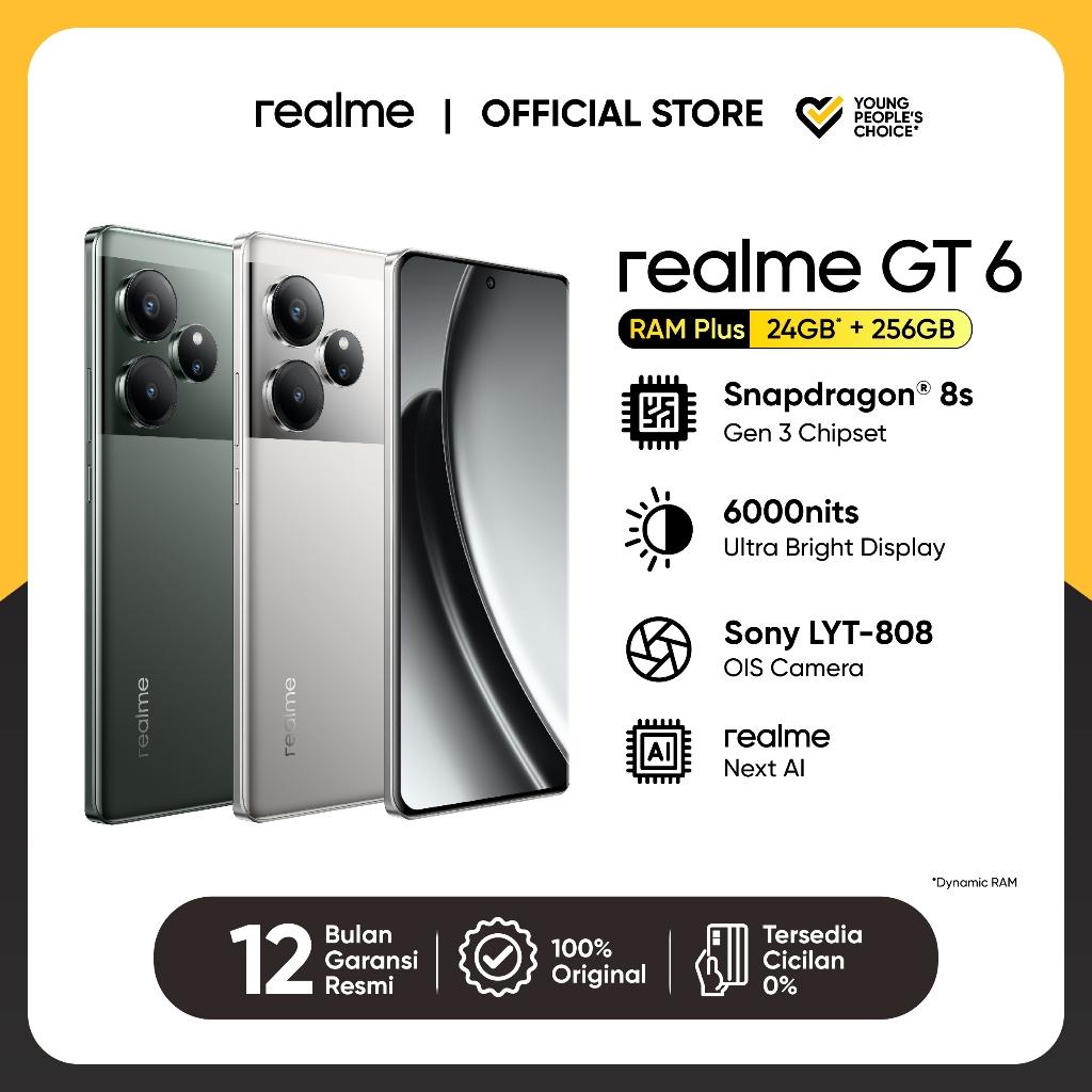 Jual realme GT 6 12GB+12GB*|256GB (Snapdragon 8s Gen 3 Chipset | 6000nit Ultra Bright Display | Sony LYT-808 OIS Camera | 120W SUPERVOOC Charge) | Shopee Indonesia