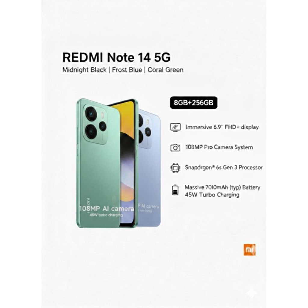 🔥 REDMI NOTE 14 5G – POWER & PERFORMANCE! 🔥 📱 RAM 8GB | ROM 256GB 🎨 Warna: Midnight Black | Frost Blue | Coral Green