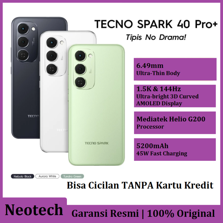 TECNO SPARK 40 Pro+ (8GB + 128GB/256GB) Ultra Thin Body 5200mAh+45W Fast Charge IP64 Mediatek Helio G200 - Bisa Cicilan Tanpa Kartu Kredit - Garansi Resmi 1 Tahun - HP Murah ( Kredivo Laz Pay Later Bisa COD OVO Original )