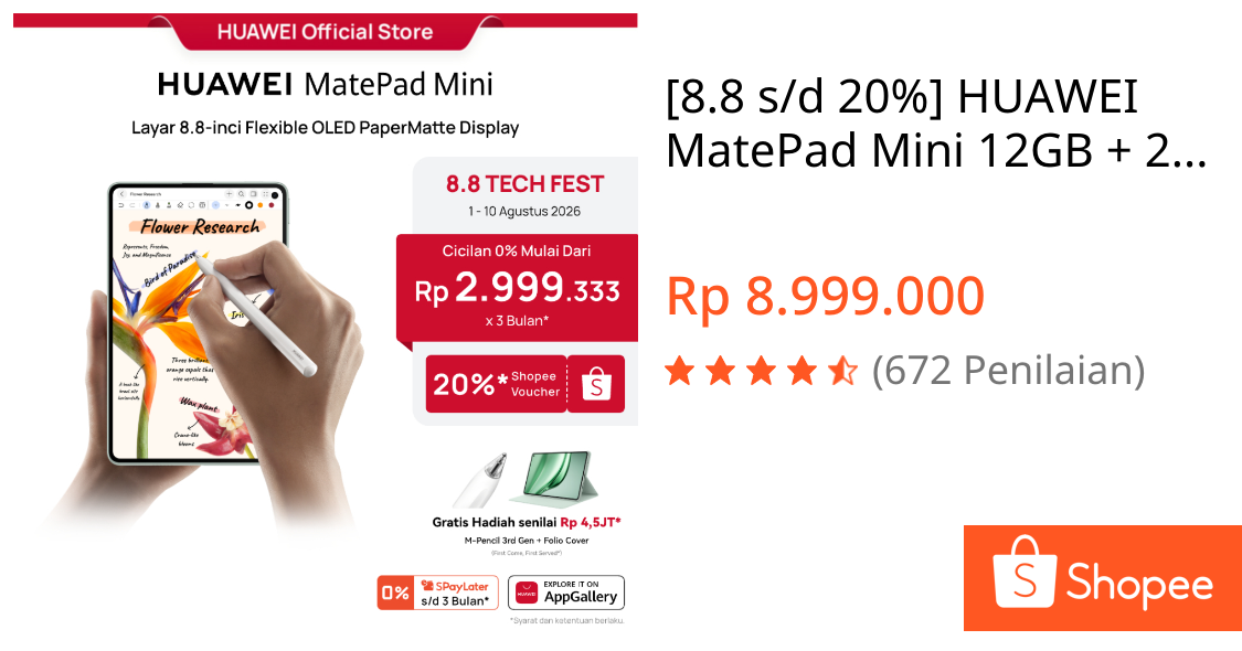 Jual [8.8 s/d 20%] HUAWEI MatePad Mini 12GB + 256GB Tablet | Ultra-light, Ultra-thin | 8.8" Flexible OLED PaperMatte Display | AI WPS Office 3.0 | Shopee Indonesia