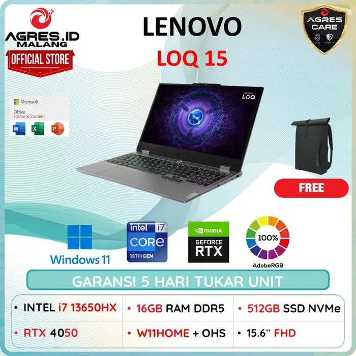 DISKON LENOVO LOQ 15 i7 13650HX RTX4050 6GB/ 16GB 512GB W11+OHS+M365B 15" FHD 144HZ 100SRGB 4ZRGB 2Y PREM+2ADP - W11+OHS, CAMPAIGN | Lazada Indonesia