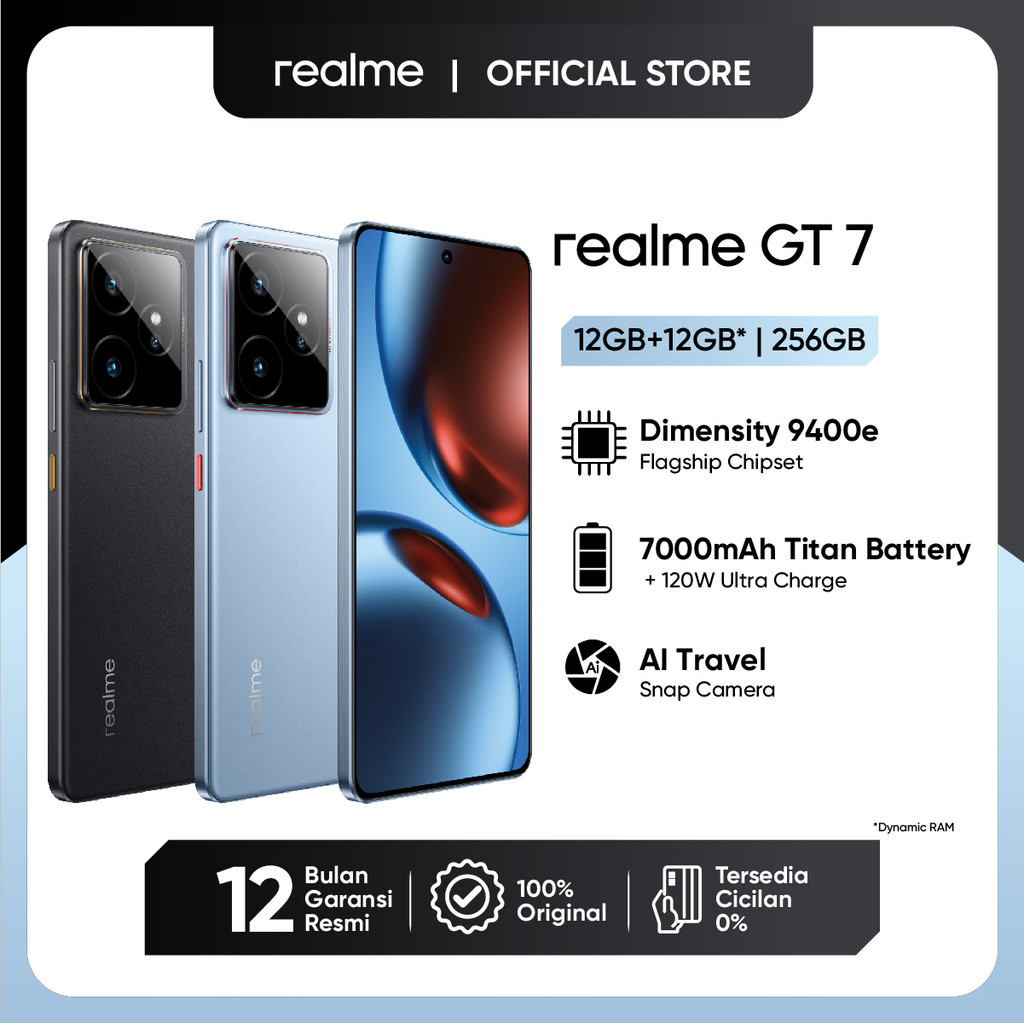 Jual realme GT 7 12GB+12GB*|256GB (Dimensity 9400e Flagship Chipset | 7000mAh Titan Battery + 120W Ultra Charge | AI Travel Snap Camera) | Shopee Indonesia