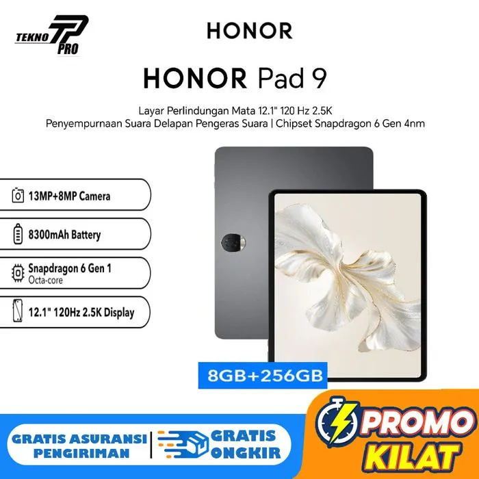 HONOR Pad 9 (8/256GB) Space Grey 13 MP (Kamera Utama) 8 MP (Kamera Selfie) | IPS LCD | 8300 mAh 35W Wired9 Tablet 12.1inches Screen Snapdragon 6 Gen 1 13MP Rear Camera 8300mAh Battery BT5.1 Eight speakers | Lazada Indonesia