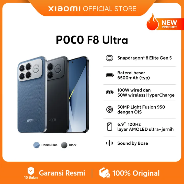 POCO F8 Ultra (16/512GB) Snapdragon® 8 Elite Gen 5 | Baterai besar 6500mAh (typ) | 100W wired and 50W wireless HyperCharge | 50MP Light Fusion 950 dengan OIS | 6.9" 120Hz layar AMOLED ultra-jernih | HP Gaming [Xiaomi Official Store] | Lazada Indonesia