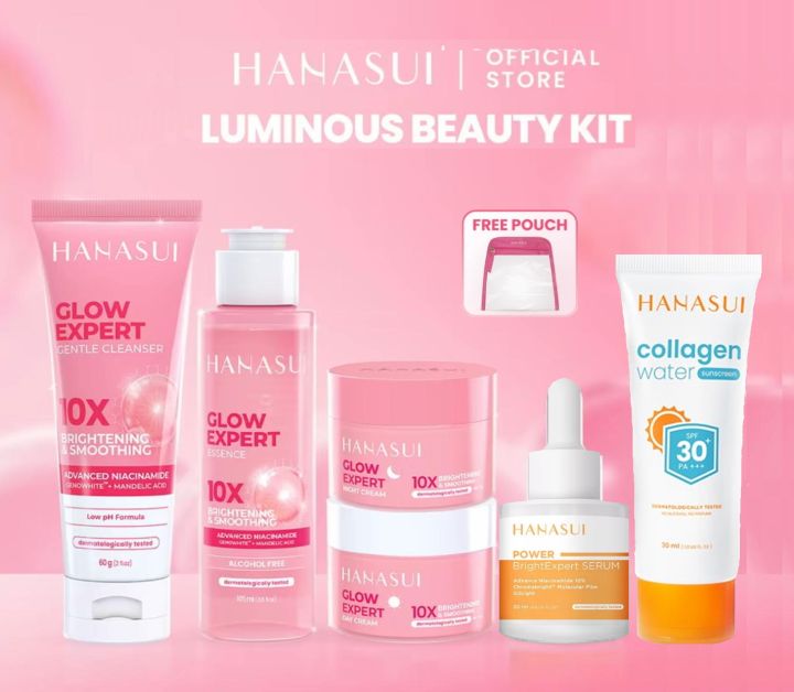 Paket Hanasui Glow Expert + Power Serum 6pcs (day cream +night cream+essence+cleanser+power serum+sunscreen spf30)
