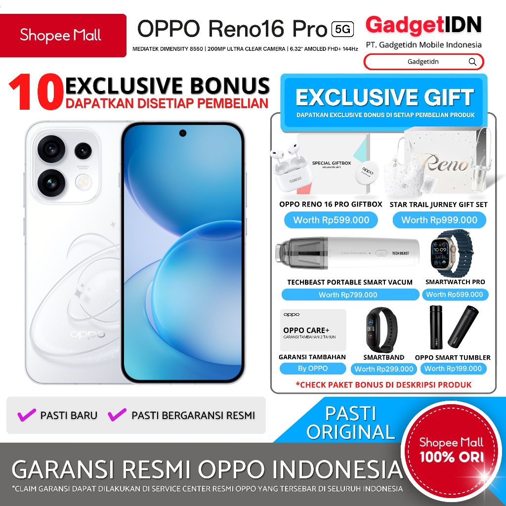 Jual OPPO RENO 16 Pro 5G 12/256GB ( +12GB Extended RAM ) Garansi Resmi OPPO | Shopee Indonesia