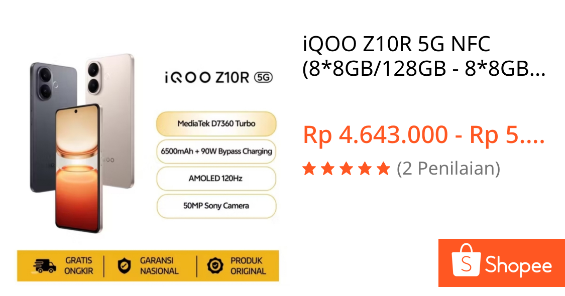 Jual iQOO Z10R 5G NFC (8*8GB/128GB - 8*8GB/256GB - 12*12GB/256GB) Dimensity 7360-Turbo - Sony IMX882 Kamera 50MP - Layar FHD+ 6.77"AMOLED 120Hz - BlueVolt Baterai 6500mAh - 90W FlashCharge Garansi Resmi 1 Tahun | Shopee Indonesia