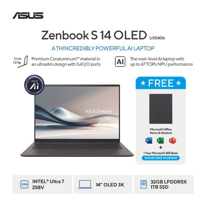 [FREE POWERBANK] ASUS Zenbook S 14 OLED UX5406SA-OLEDS7311TM - Zumaia Gray [Intel Core Ultra 7 Processor / Intel Arc Graphics / 32GB / 1TB / 14inch / WIN11 / OHS24 / M365] | Lazada Indonesia