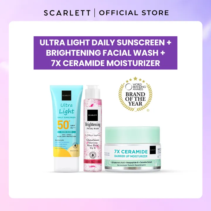 Scarlett Whitening Brightening Facial Wash + 7x Ceramide Moisturizer + Ultra Light Daily Sunscreen SPF 50+ PA++++