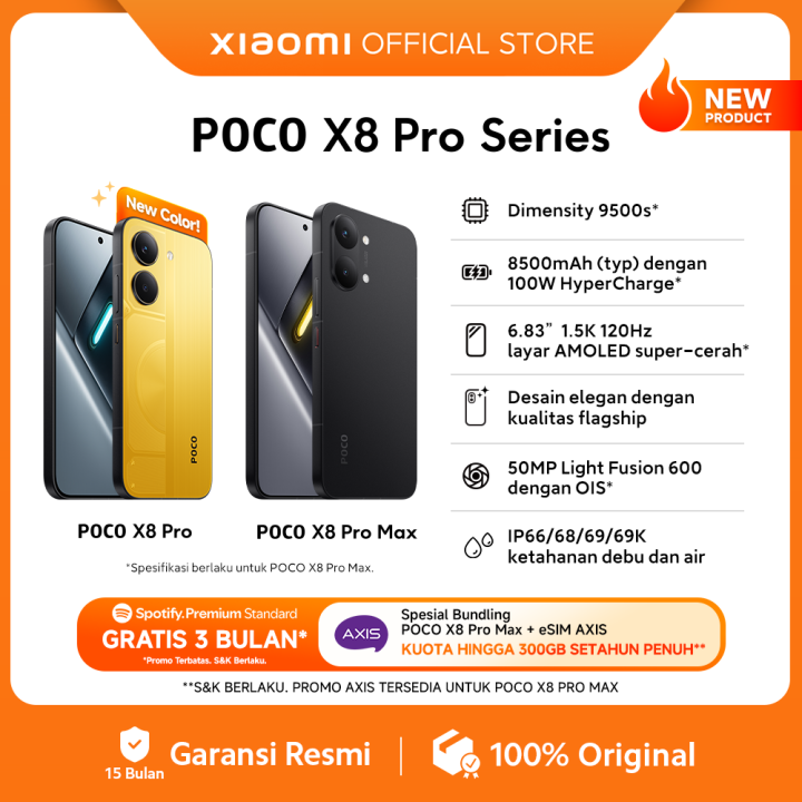 POCO X8 Pro Series | POCO X8 Pro Max (12GB/512GB) (12GB+256GB) | POCO X8 Pro (12GB+512GB) (8GB+512GB) (8GB+256GB) | Dimensity 9500s* | 8500mAh (typ) battery dengan 100W HyperCharge* | HP Gaming - OS | Lazada Indonesia