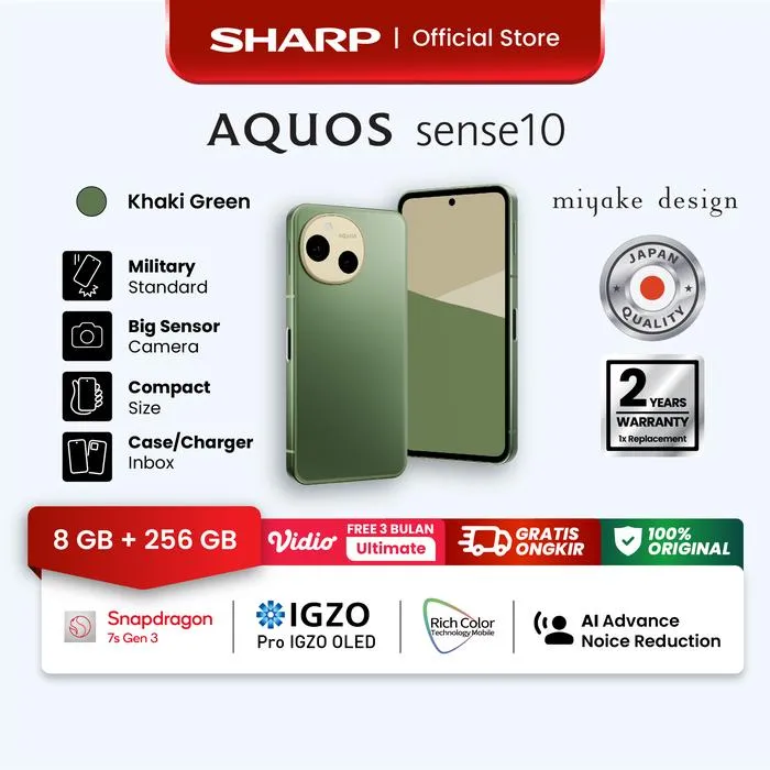 SHARP AQUOS sense10 | 8/256 GB | Khaki Green Color | Snapdragon 7s Gen 3 | 5000 mAh | Pro IGZO OLED | Dolby Vision Atmos | Lazada Indonesia