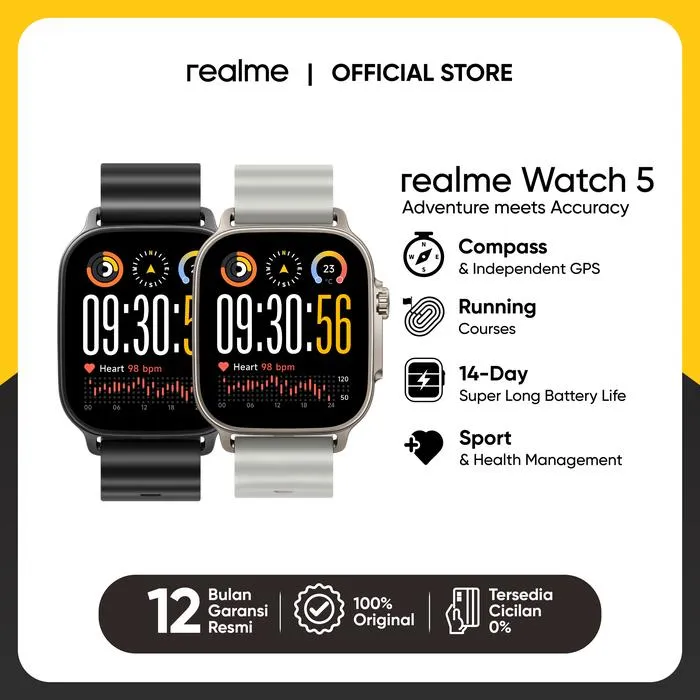 Realme Watch 5 | Kompas & GPS Independen | NFC | Baterai 460mAh Tahan 14 Hari | Akurat untuk Olahraga & Kesehatan | Layar AMOLED 600nits | Tahan Air IP68 | Lazada Indonesia