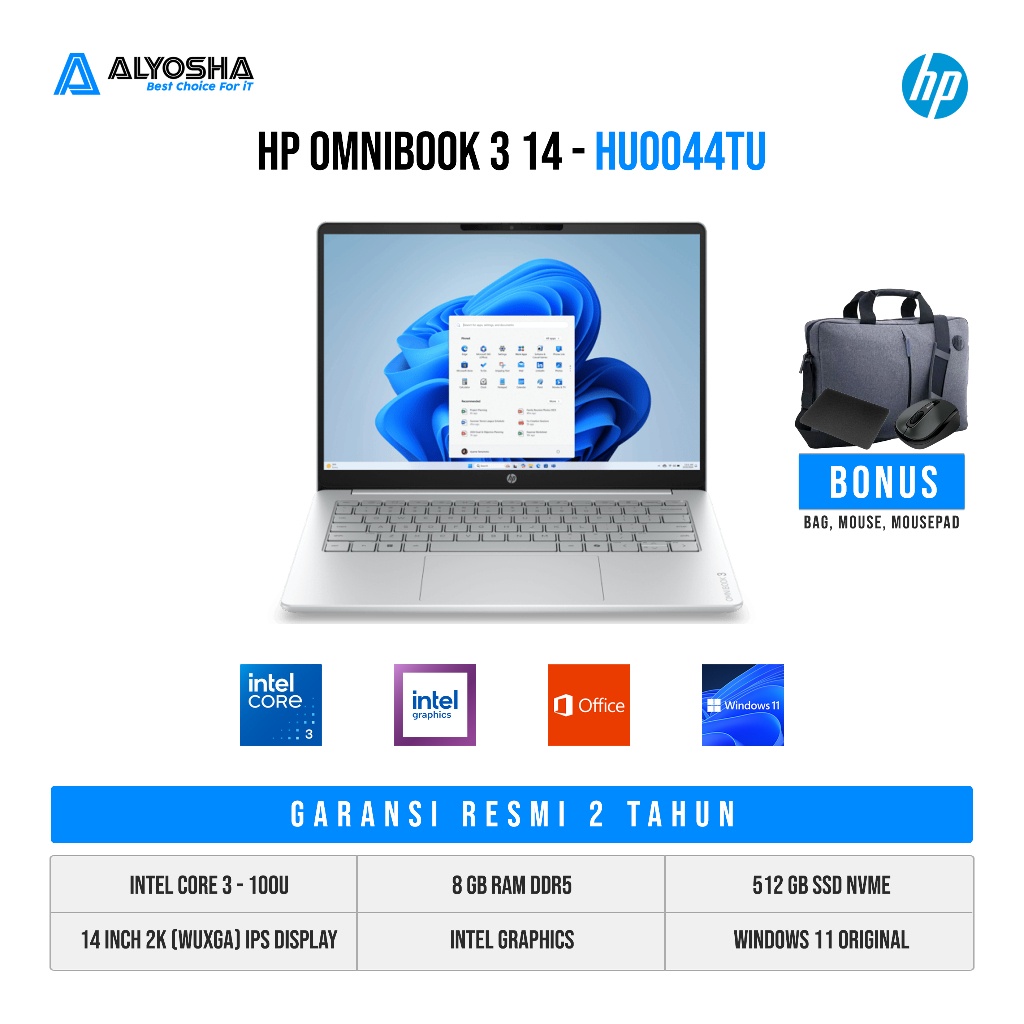 Jual HP OmniBook 3 14 HU0044TU | Intel Core 3-100U | 8GB | 512GB SSD | WIN11 + OHM 2024 | Shopee Indonesia