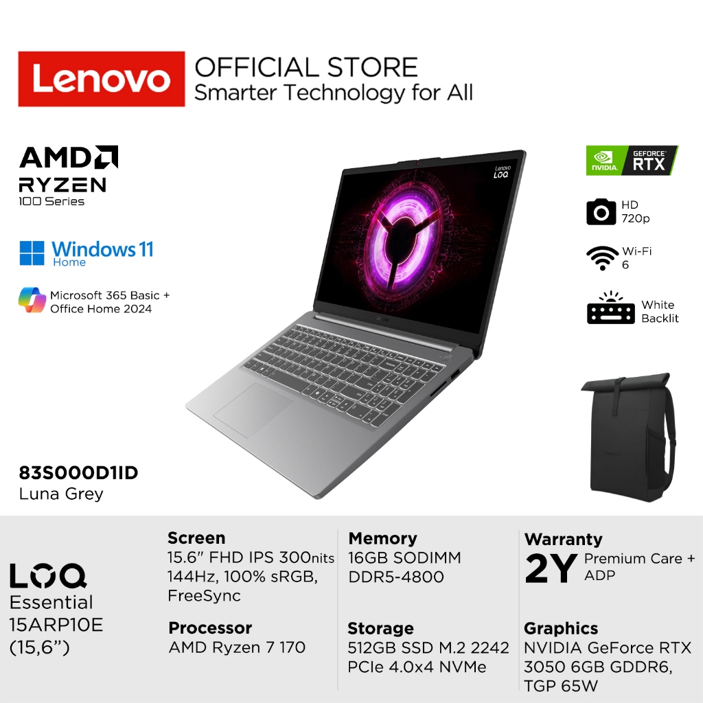 Jual Lenovo LOQ Essential 15ARP10E D1ID AMD Ryzen 7 170, NVIDIA RTX 3050 6GB, RAM 16GB, 512GB SSD, 15.6" FHD IPS 144Hz 100% sRGB, Win11 Home + Microsoft 365 Basic + Office Home 2024, Laptop Gaming 15 inch 83S000D1ID Luna Grey | Shopee Indonesia