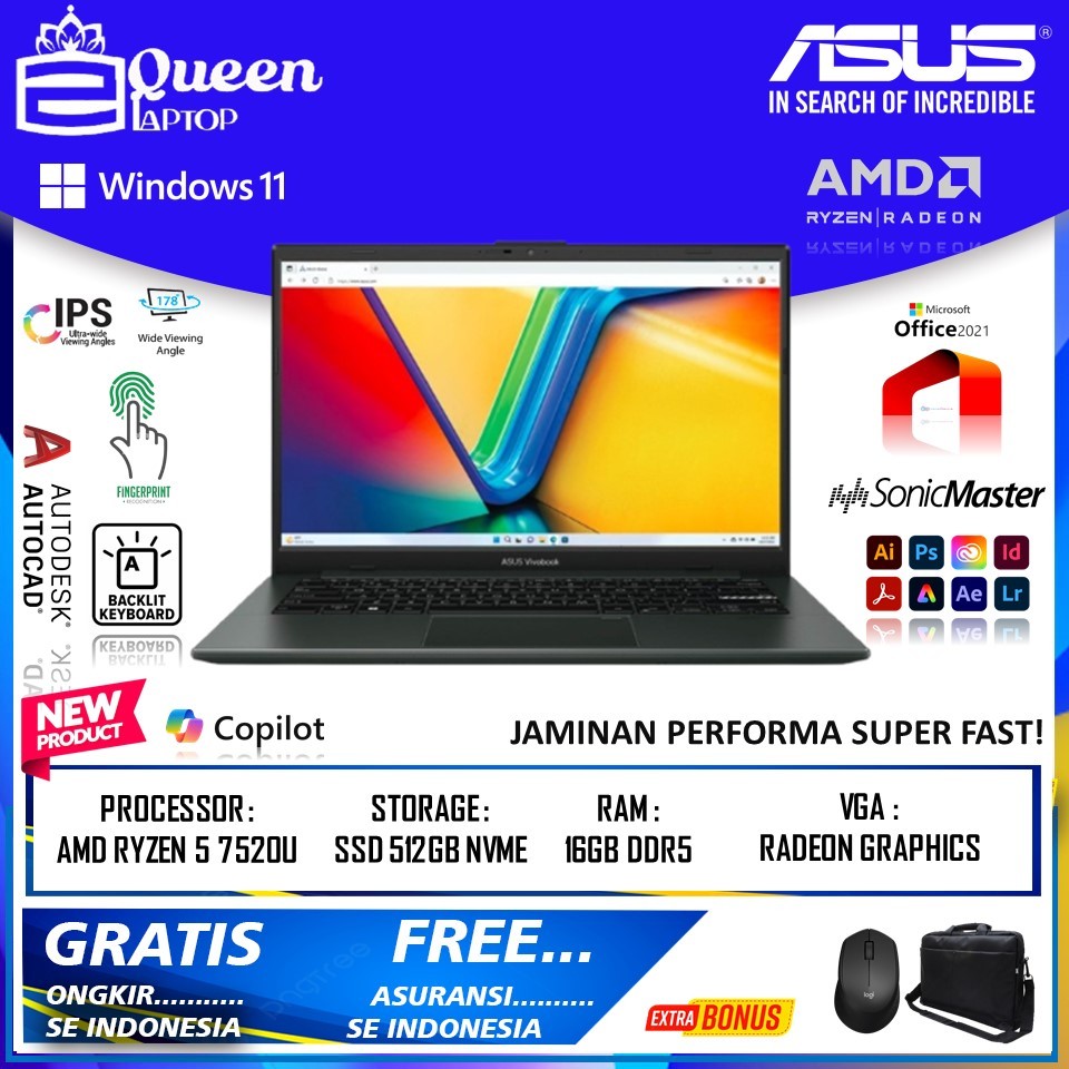 Jual Laptop Asus Vivobook GO 14 AMD Ryzen 5 7530U DDR5 16GB 1TB SSD FHD Numberpad WIN11 HOME ORIGINAL | Shopee Indonesia