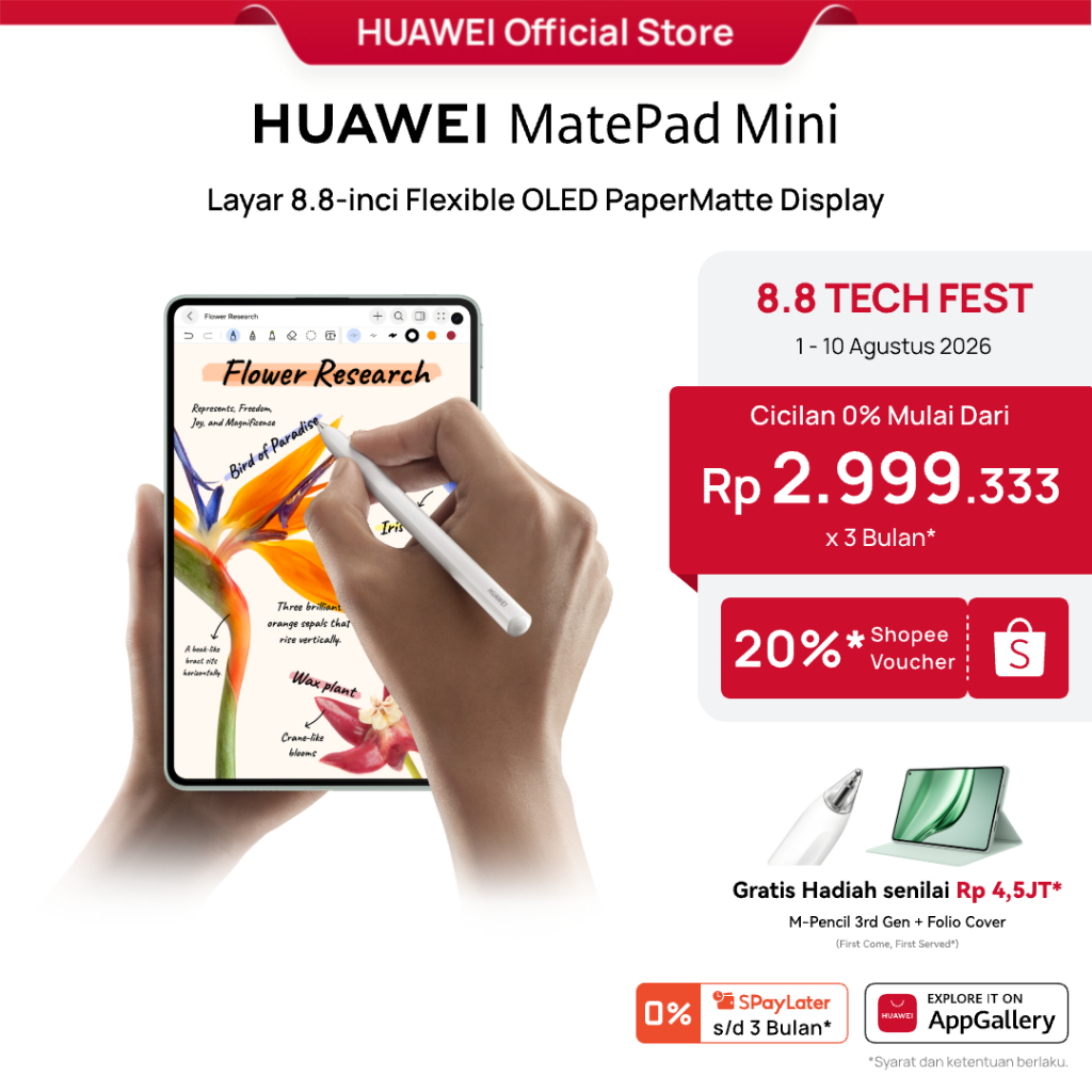 Jual [8.8 s/d 20%] HUAWEI MatePad Mini 12GB + 256GB Tablet | Ultra-light, Ultra-thin | 8.8" Flexible OLED PaperMatte Display | AI WPS Office 3.0 | Shopee Indonesia