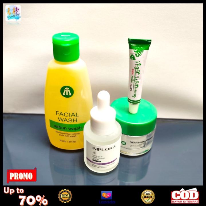 PAKET [4IN 1] Penghilang Flek ( Facial wash + Whitening Cream + Salep Night Whitening + Serum IMPLORA LUMINOUS) cream mnghilangkan flek hitam