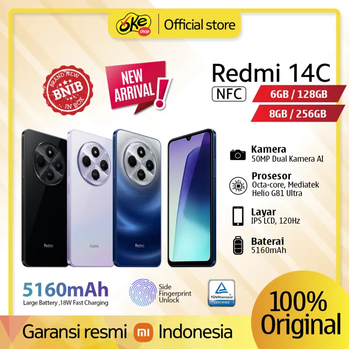 Xiaomi Redmi 14C 6/128GB | 8/256GB | 50 MP dual kamera AI | Baterai 5.160 mAh | NFC Garansi Resmi | Lazada Indonesia