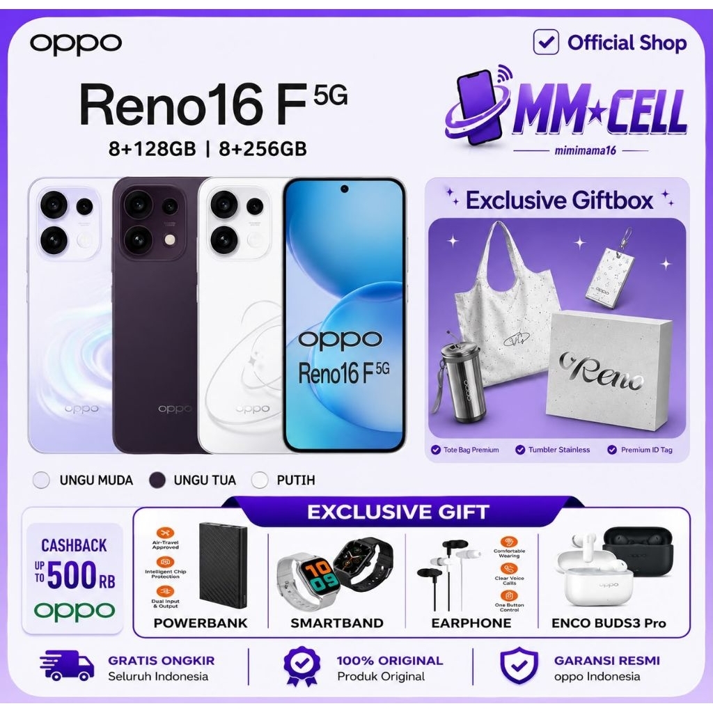 Jual OPPO RENO 16F 5G RAM 8/128GB | RENO 16 F 5G 8/256GB GARANSI RESMI OPPO INDONESIA | Shopee Indonesia