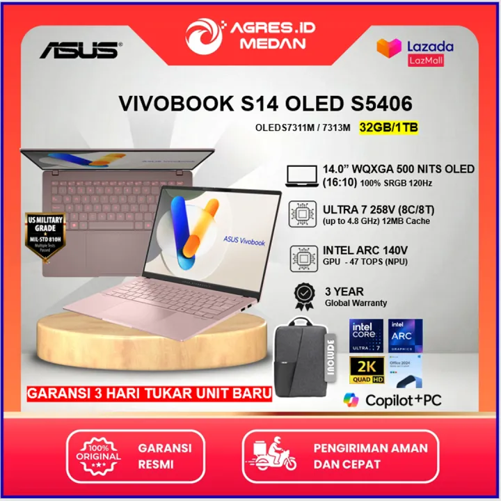 Asus Vivobook S14 S5406SA OLEDS7311M Ultra 7 258V 32GB 1TB SSD 14 INCH 3K OLED Win 11 Home+OHM 2024 | Lazada Indonesia