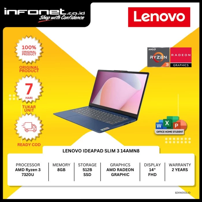 LENOVO IDEAPAD SLIM 3 14AMN8 RYZEN 3 7320U 8GB 512GB SSD INTEGRATED 14" FHD W11 | Lazada Indonesia