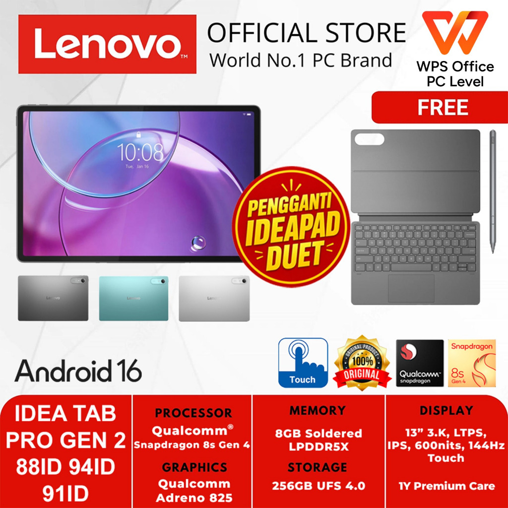 Jual LENOVO IDEA TAB PRO GEN 2 88ID 94ID 91ID QUALCOMM SNAPDRAGON 8s GEN 4 8GB 256GB ANDROID 16 TOUCHSCREEN + PEN & KEYBOARD | Shopee Indonesia