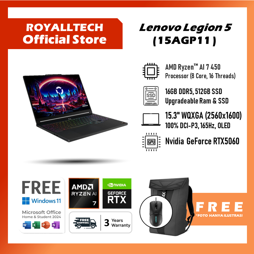 Jual Lenovo Legion 5 15AGP11 OLED AMD Ryzen AI 7 450 RTX5060 8GB - Ram 16GB 512GB SSD Windows 11 Home + Office 15.3 Inch WQXGA 165Hz 24ZRGB -1DID | Shopee Indonesia