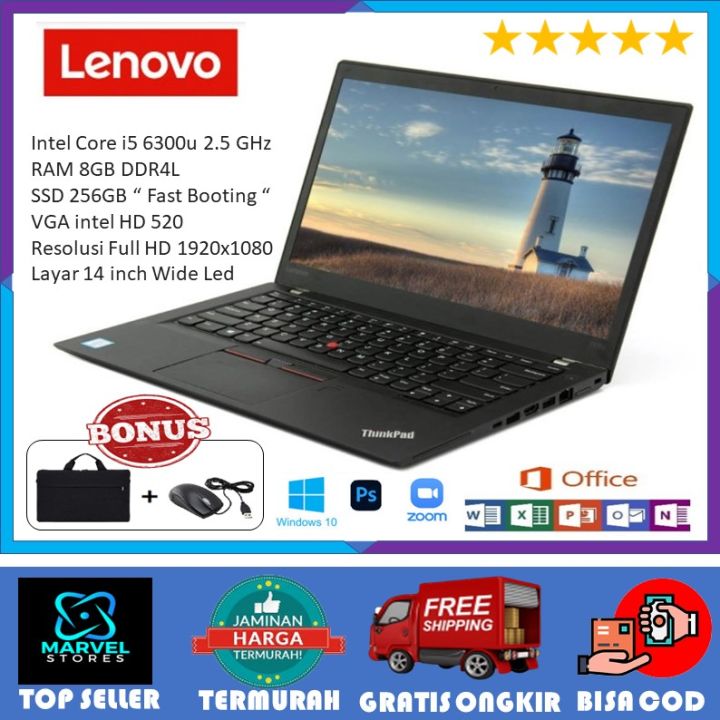 Lenovo ThinkPad T460 Business Laptop i5-6300u 2.5GHz 8GB RAM 256GB SSD 14" Full HD VGA Intel HD 520 dengan Bonus Mouse dan Tas - Hitam