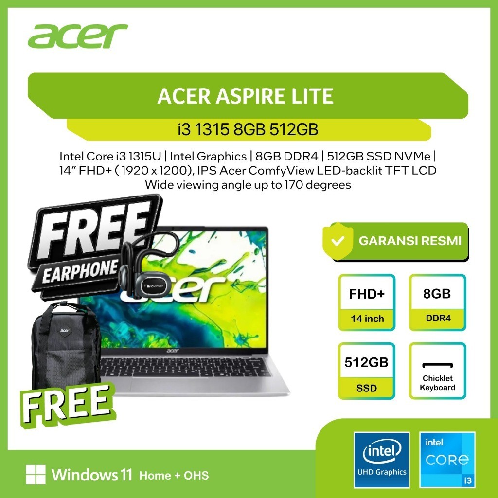 Jual ACER ASPIRE LITE 14 AL14 I3 1315 8GB 512GB 14.0WUXGA IPS W11 OHS AL14-53M-36GD | Shopee Indonesia