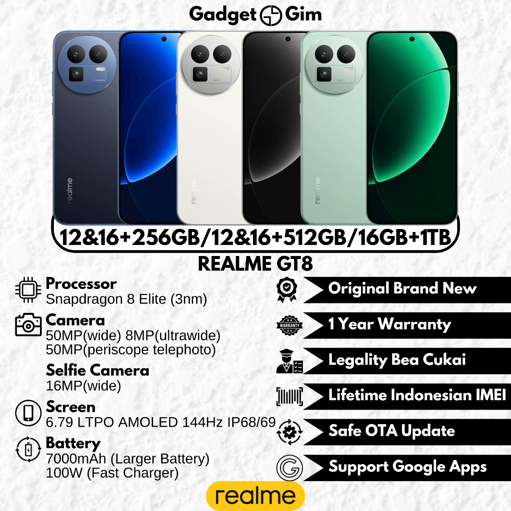 Jual Realme GT8 / Realme GT 8 5G 16GB 1TB Snapdragon 8 Elite 144Hz 7000mAh 100W IP68/69 BNIB Garansi ORI | Shopee Indonesia