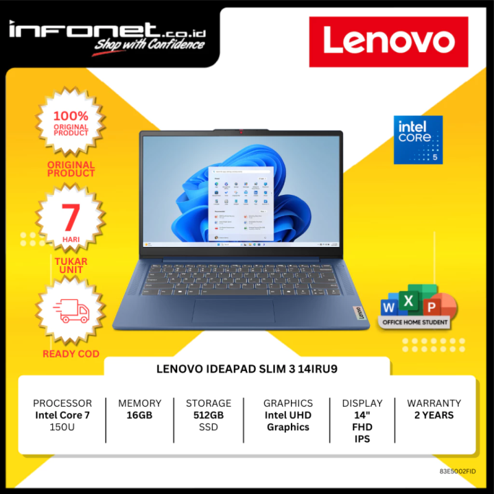 LENOVO IDEAPAD SLIM 3 14IRU9 CORE 7 150U 16GB 512GBGB 14" FHD IPS W11 OHS | Lazada Indonesia