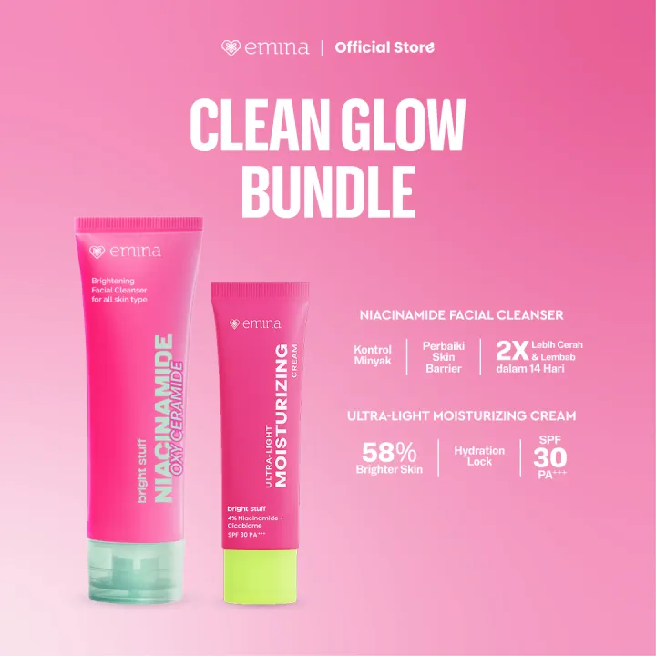 Emina Bright Stuff Face Wash 100 mL + Moisturizing Cream - Paket Perawatan Sabun & Pelembab Wajah Cerah & Glowing