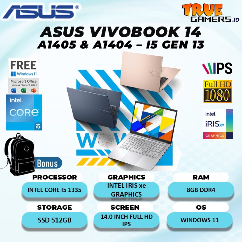 Jual LAPTOP ASUS VIVOBOOK 14 A1405VA & A1404 I5 GEN 13 16GB 512SSD W11+OHS 14.0 WUXGA GARANSI RESMI | Shopee Indonesia