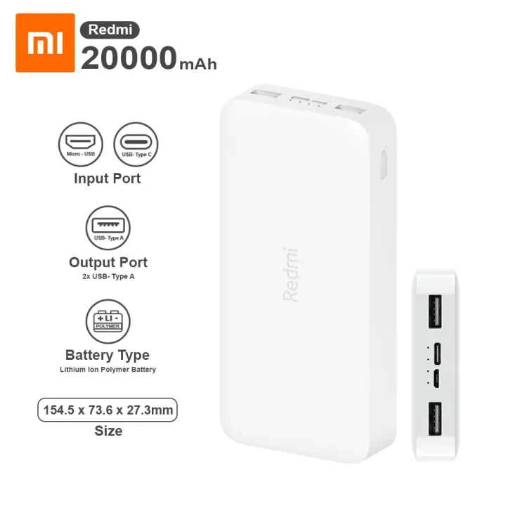 Xiaomi Redmi Powerbank 20.000 mAh Input Type C & Micro USB, Dual Output Type A Lithium Polymer | Lazada Indonesia