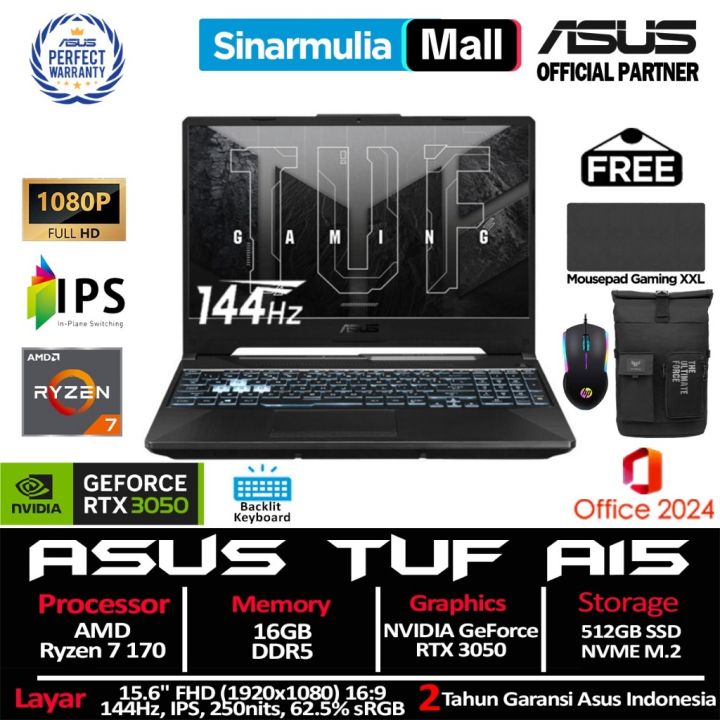 ASUS TUF Gaming A15 FA506NCQ Ryzen 7 170 RTX3050 512GB SSD 16GB 144Hz Win11+OHS | Lazada Indonesia