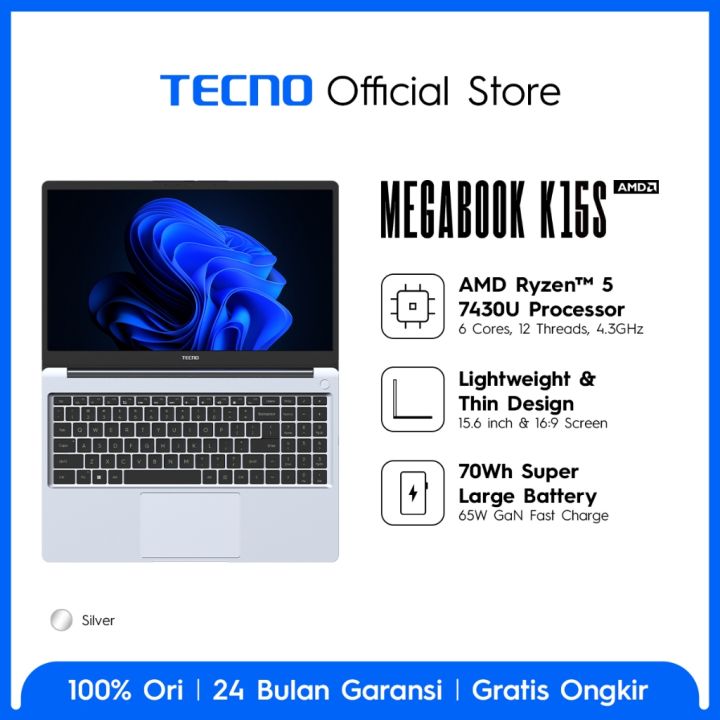 TECNO MEGABOOK K15S – 8+512GB, AMD Ryzen 5 – 7430U Processor, 70Wh Battery up to 17.5hours, 65Watt GaN Fast Charging, 15.6inch , Garansi 24 Bulan | Lazada Indonesia