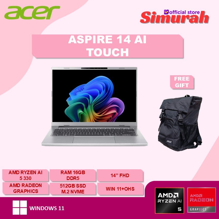 Jual ACER ASPIRE 14 AI TOUCH AMD RYZEN AI 5 330 16GB 512GB SSD 14.0WUXGA 120HZ 100SRGB W11 OHS | Shopee Indonesia