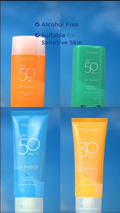 Wardah UV Shield Series | Sunscreen Series | Essential Sunscreen Gel SPF 30 | Aqua Fresh Essence SPF 50 | Light Matte Sun Stick SPF 50 PA+++ | Active Protection Serum SPF 50