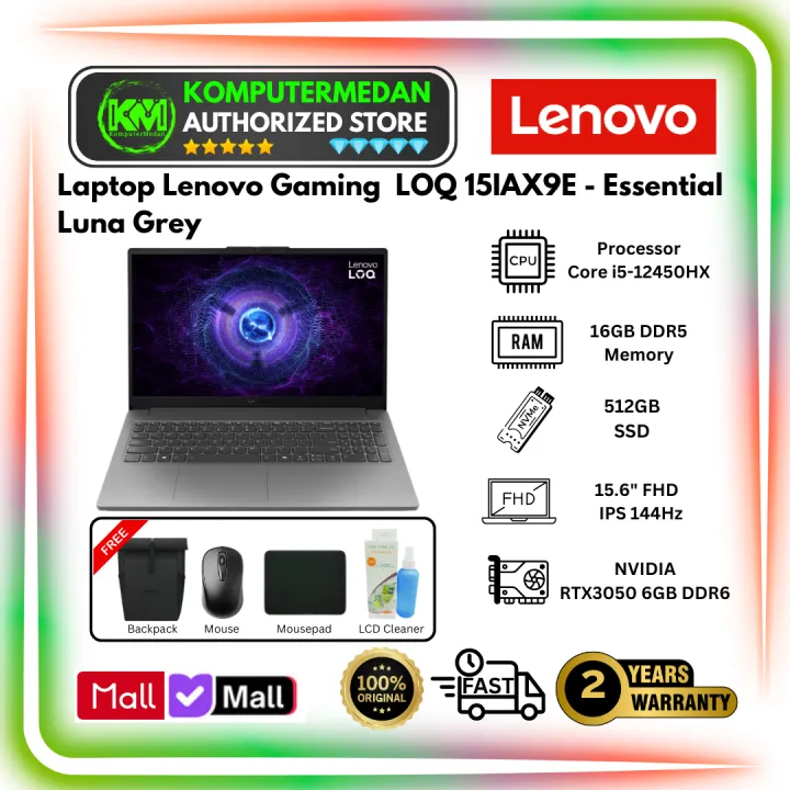 Laptop LENOVO LOQ 15IAX9E GeForce RTX 3050 6GB DDR6 Intel Core i5 12450HX RAM 16GB DDR5 SSD 512GB 15,6 FHD IPS 144Hz Win 11 Home + OHS Luna Grey | Lazada Indonesia
