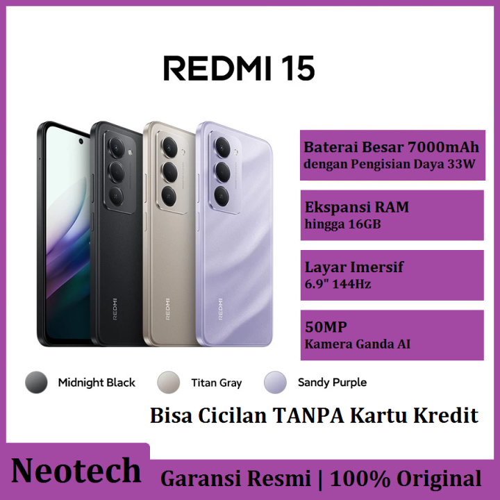 Xiaomi Redmi 15 (8GB/128G) Garansi Resmi - Baterai besar 7000mAh Layar imersif 6.9" 144Hz 50MP kamera ganda AI - Bisa Cicilan Tanpa Kartu Kredit - HP Murah ( Kredivo Laz Pay Later Bisa COD OVO Original )