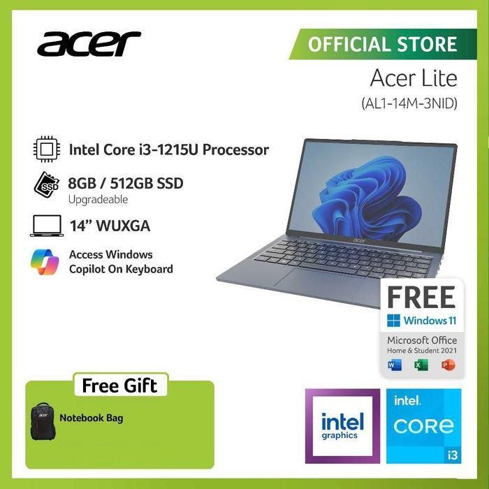 Laptop Acer Aspire Lite 14 AL1-14M-3NID intel Core i3-1215U ram 8GB ssd 512GB 14" IPS Windows 11 OHS | Lazada Indonesia