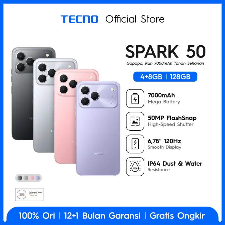 TECNO SPARK 50 - 4+8GB*/128GB, 7000mAh Mega Battery, 50MP AI Camera + FlashSnap, 120Hz 6.78" Smooth Display, IP64 High Durability - SPARK50 | Lazada Indonesia