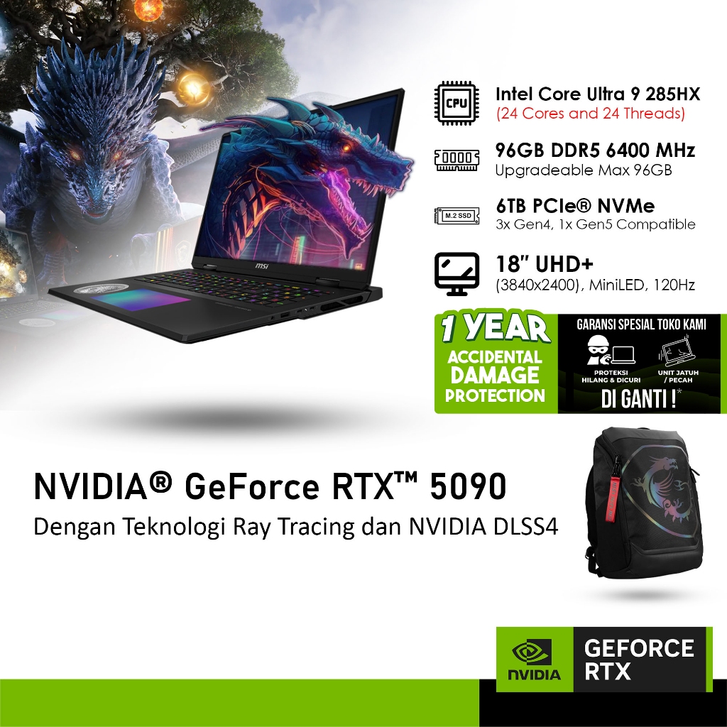 Jual MSI TITAN 18 HX A2XWJG-282 DRAGON EDITION NORSE MYTH GeForce RTX™ 5090 24GB - ULTRA 9 285HX 96GB 6TB | Shopee Indonesia