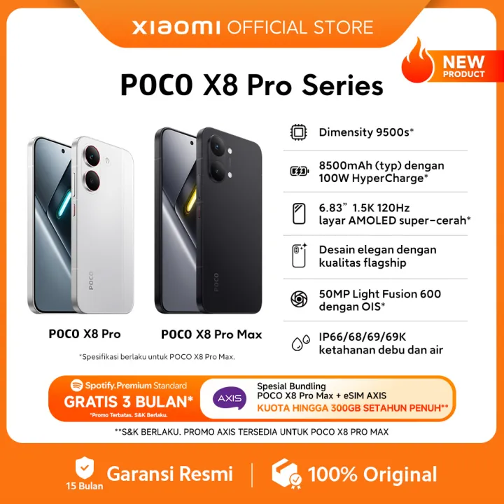 POCO X8 Pro Series | POCO X8 Pro Max (12GB/512GB) (12GB+256GB) | POCO X8 Pro (12GB+512GB) (8GB+512GB) (8GB+256GB) | Dimensity 9500s* | 8500mAh (typ) battery dengan 100W HyperCharge* | HP Gaming - OS | Lazada Indonesia