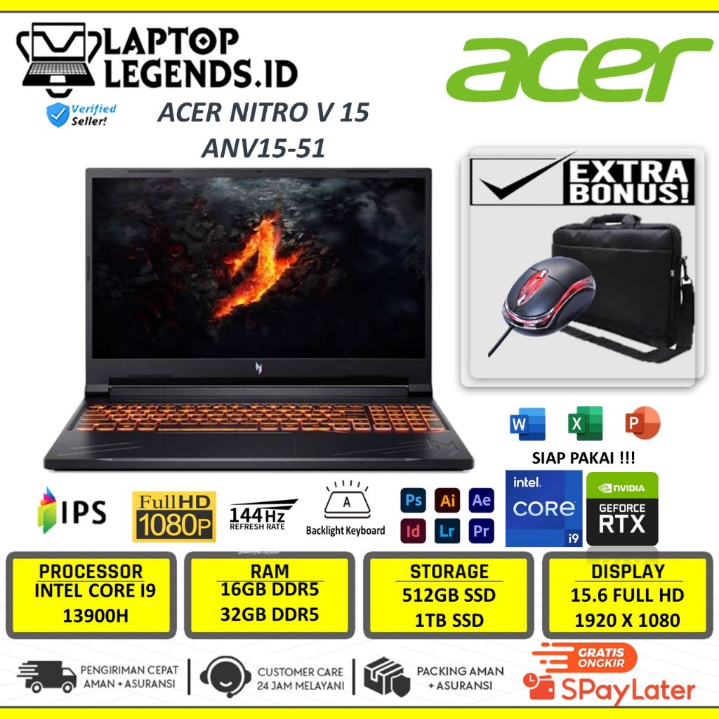 Jual Laptop Acer Nitro V 15 ANV15-51 Intel Core I9 13900H 32GB 1TB RTX4060 8GB 15 Inch Full Hd Ips 144Hz | Shopee Indonesia